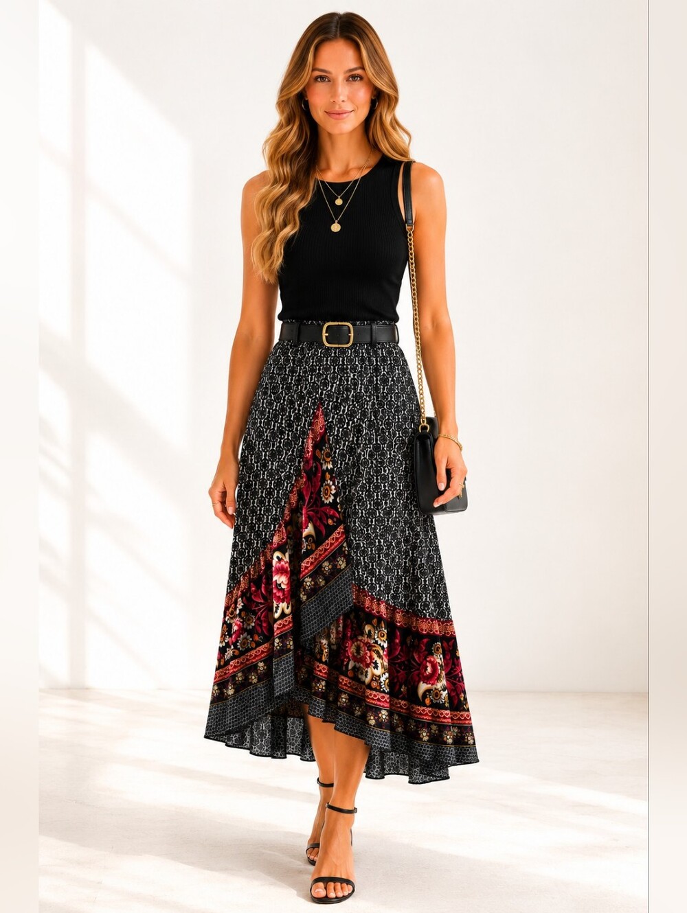 EARTHBOUND Black Multi Asymmetrical Floral Panel Skirt